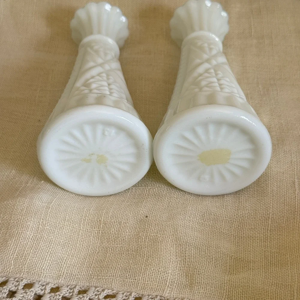 Vintage White Milk Glass Bud Vases Scalloped Rim Diamond Pattern Set of 2 MCM